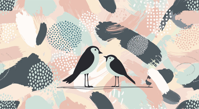 Modern abstract artistic pattern featuring silhouettes of two birds perched on a line amid colorful brushstrokes.