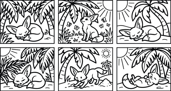 Line art panels of a sleeping fox on a tropical beach scene