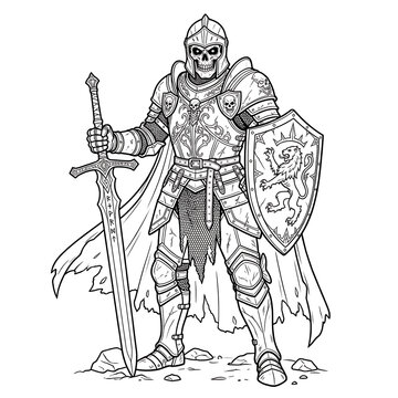 Skeleton Warrior in Armor Holding Sword and Shield Medieval Fantasy Outline Illustration