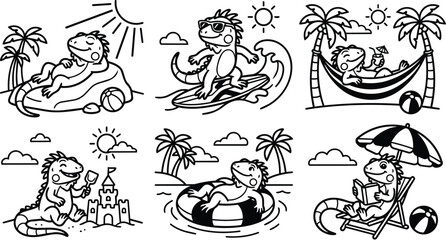 Fototapeta premium Colorful vector beach lizards in playful summer scenes with sun and palm trees