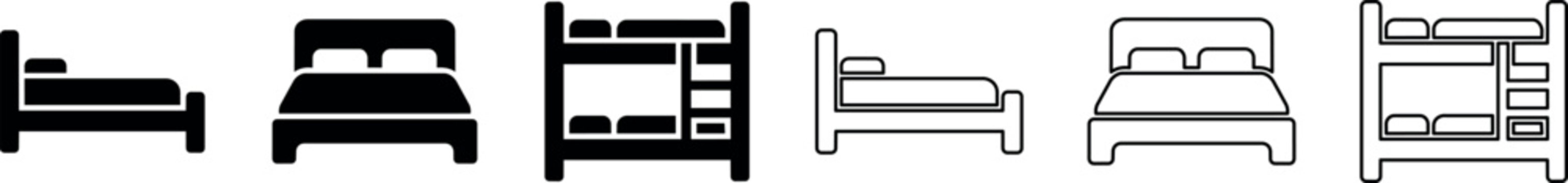 Set of single bed, double bed, and bunk bed icons in solid and outline styles