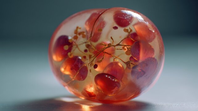 8K Ultra HD Macro shot of a translucent resin sphere containing embedded red pomegranate seeds and delicate golden twigs, artistic botanical preservation image