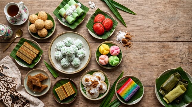 Colorful assortment of Indonesian traditional market snacks including klepon, putu cake, onde-onde, and various local sweets.
