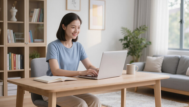 Smiling Asian Woman Working on Laptop at Home Office