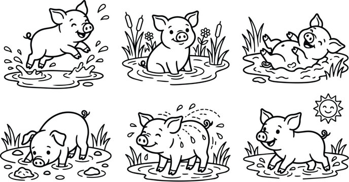 Vector line art piglets playing in mud and water in a pond scene