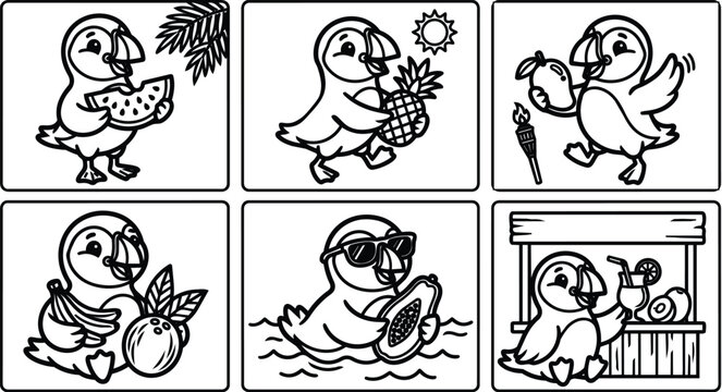 Playful parrot characters enjoying tropical market scene cartoon sunny day fruits drinks
