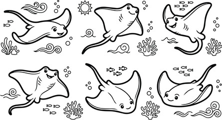 Fototapeta premium manta ray line art illustrations swimming over reef and coral underwater scene