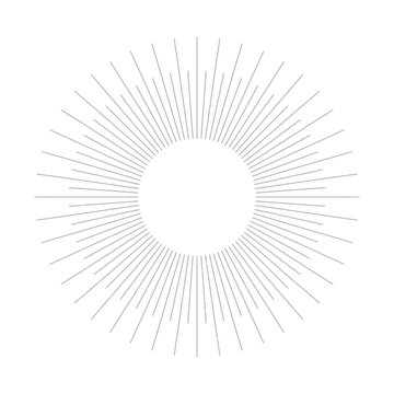 A minimalist sunburst or starburst with thin grey lines radiating from a central white circular space on white background