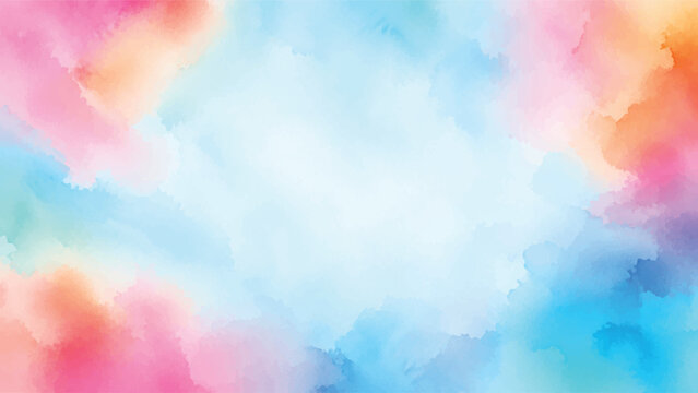 blue watercolor paint background design with colorful orange pink borders and bright center, watercolor bleed and fringe with vibrant distressed grunge texture