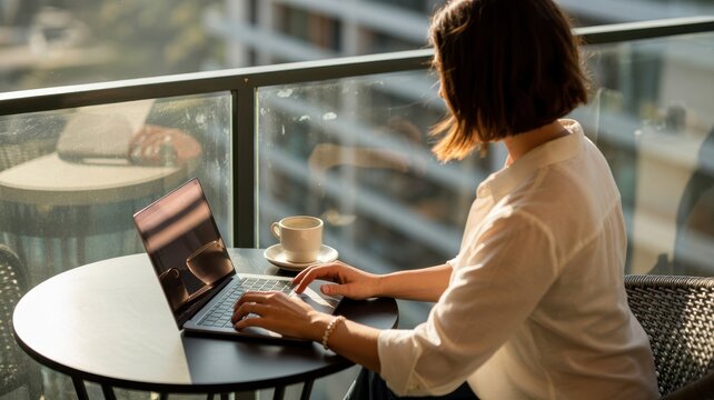 Woman works on a laptop computer while sitting at a small round table on a balcony overlooking the urban cityscape.