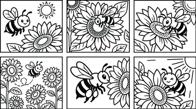 Vector illustration bees on sunflowers in a cheerful comic strip style