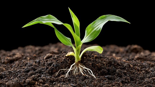 Young corn seedling emerges from rich soil, showcasing its developing root system