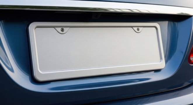 Close up blank white license plate on blue car