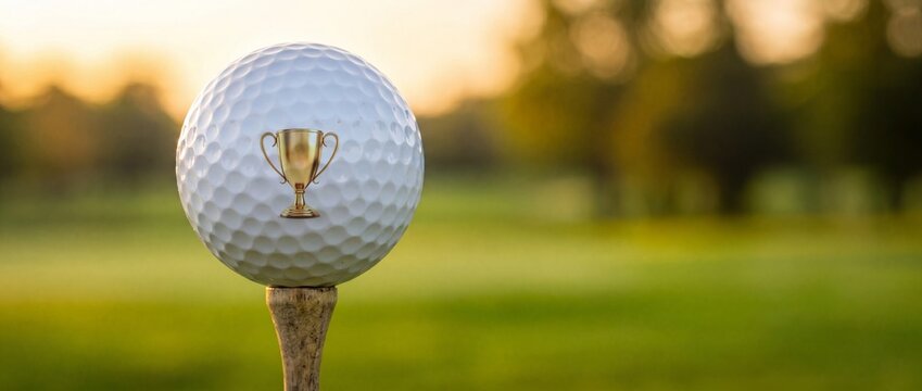 Golf ball with trophy on tee symbolizing victory in golf tournament on green course