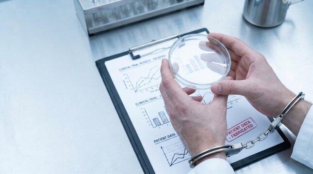 Handcuffed medical researcher holding falsified clinical trial data