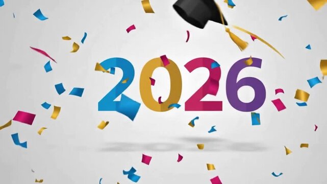Glowing outline 2026 emerging from light streaks with falling graduation cap, class of script brush effect, black and gold particles on white minimal background
Flying paper pieces forming 2026 with 
