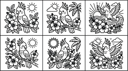 Fototapeta premium panel vector line art parrots perched on hibiscus in tropical setting