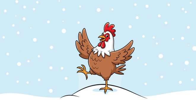 Jolly rooster stands on a snowy hill while flapping its wings and crowing against a light blue winter sky with falling snow.