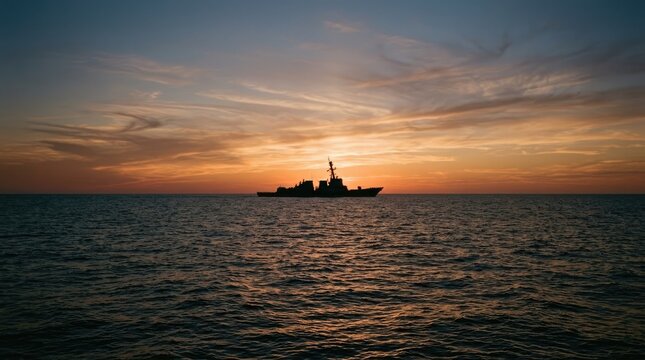 A dark silhouette of a naval destroyer ship sails across a calm ocean at sunset. The sky displays a vibrant gradient of orange, gold, and purple hues.