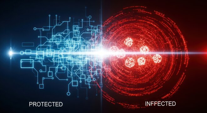 Digital cybersecurity concept for protected data versus infected syste