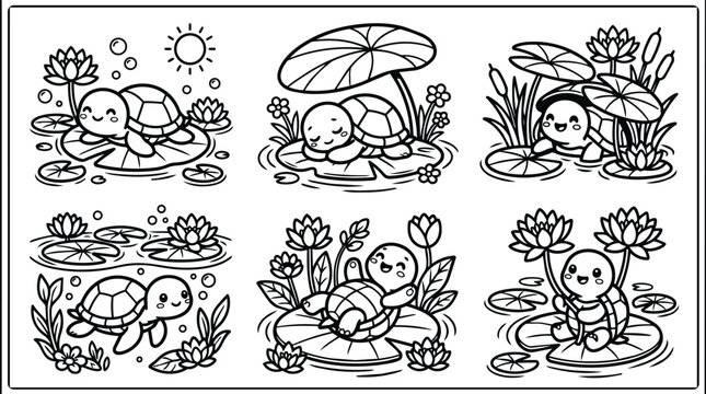 panel vector illustration showing turtles on lily pads in a pond