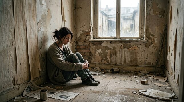 A young woman sits hunched on the floor in a dilapidated room.