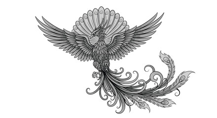 Fototapeta premium Mythological phoenix bird illustration in detailed black and white etching style with spread wings and ornate tail feathers.
