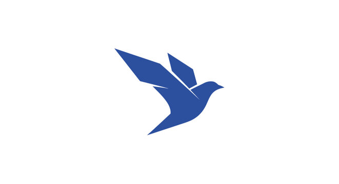 A minimalist blue bird icon flying against a clean white background