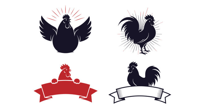 Set of four chicken and rooster logos features silhouettes with rays of light and blank ribbon banners for business branding.