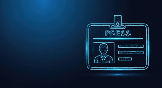 Glowing Neon Press Identification Badge with Portrait and Name Details on Dark Blue Background