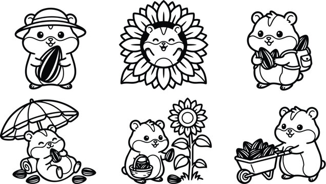 Cute woodland critters line art set with sunflowers vegetables and garden tools
