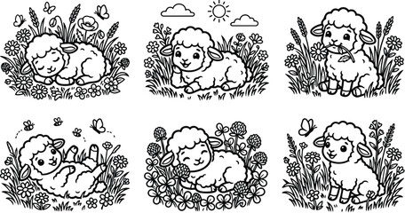 Obraz premium lambs in meadow line art vector