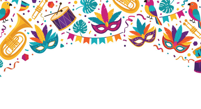 Carnival celebration frame with festive masks, drums, trumpets, tropical leaves, and colorful confetti on a white background.