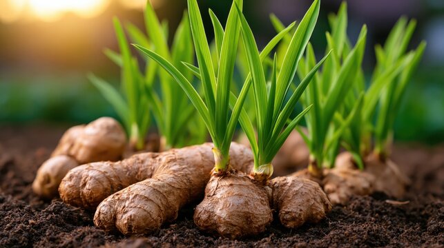 Fresh ginger rhizomes with vibrant green shoots emerging from dark fertile soil