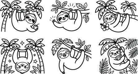 Obraz premium Sloth hanging from palm tree in line art style illustration black and white