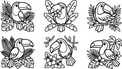 Obraz premium toucans line art on tropical leaves vector illustration black and white collection
