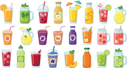 Fresh Fruit Smoothie and Juice Vector Element Set Featuring Healthy Organic Drinks Mocktails Beverages and Refreshing Cocktails in Bottles Glasses and Jars © SHILA