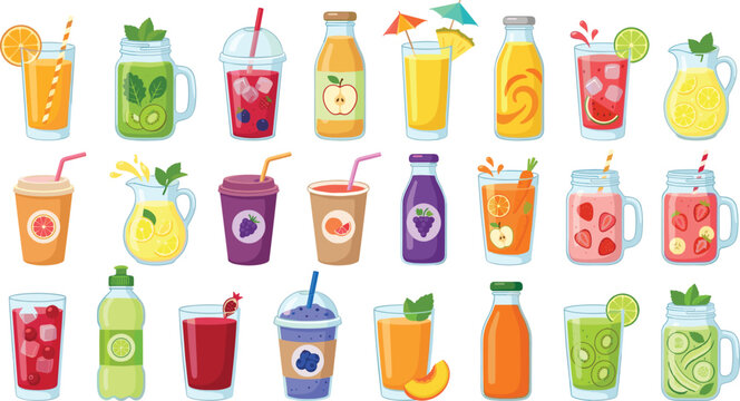 Fresh Fruit Smoothie and Juice Vector Element Set Featuring Healthy Organic Drinks Mocktails Beverages and Refreshing Cocktails in Bottles Glasses and Jars