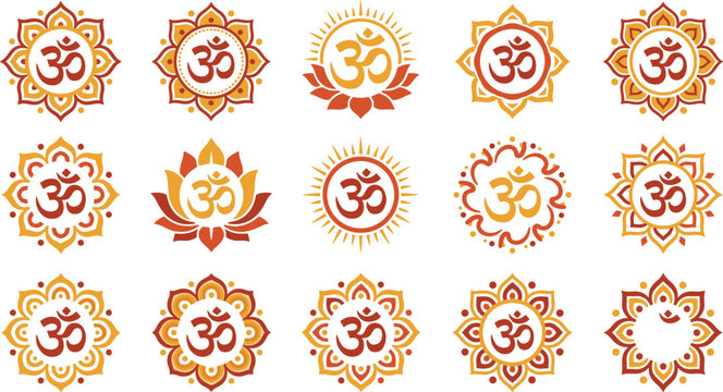 Spiritual Om Symbol Icon Set Featuring Decorative Mandalas Lotus Flowers and Sunburst Elements for Yoga Meditation Hinduism Religion and Eastern Philosophy Vector Graphic Designs