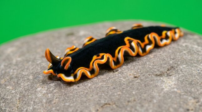 Close-up marine flatworm with orange and black stripes on green rock underwater