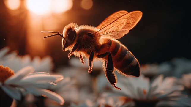 Honey bee flying toward white daisy flowers in warm sunlight with honeybee, pollination