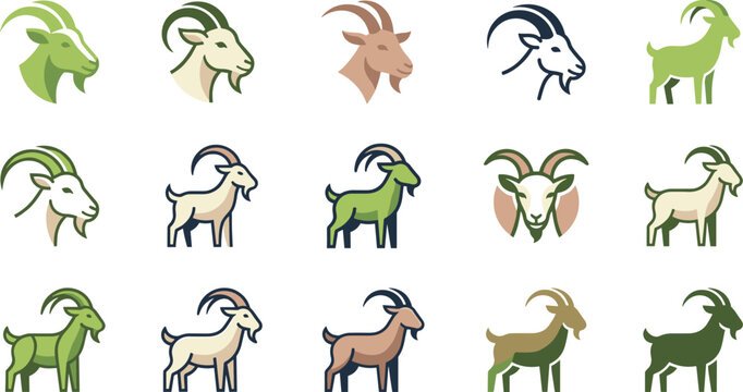 Goat Icon and Corporate Logo Design Set Featuring Minimalist Stylized Ram Heads Horns and Full Body Domestic Livestock Animals for Branding Badges and Agriculture Identity