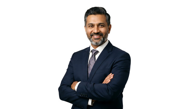 Indian confident middleaged indian businessman in navy blue suit standing with arms crossed and smiling, isolated on transparent background