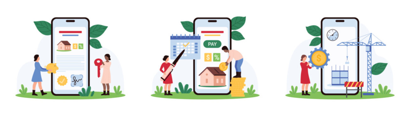 Investment in construction, real estate purchase and mortgage set. Tiny people invest gold coin to construction site, buy and pay monthly credit fees on smartphone screen cartoon vector illustration