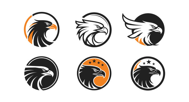 Collection of professional eagle and hawk head logo designs in black and orange circles with stars for strength, speed, and leadership.
