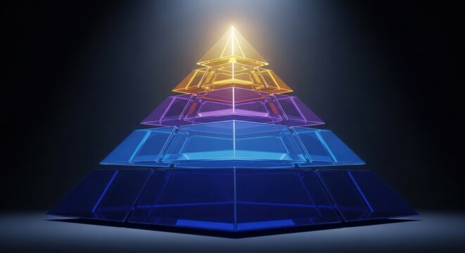 Glowing glass pyramid with colorful layers light peak