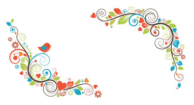 Decorative floral corner frame with colorful swirls, small hearts, leaves, and a tiny blue bird on a white background.