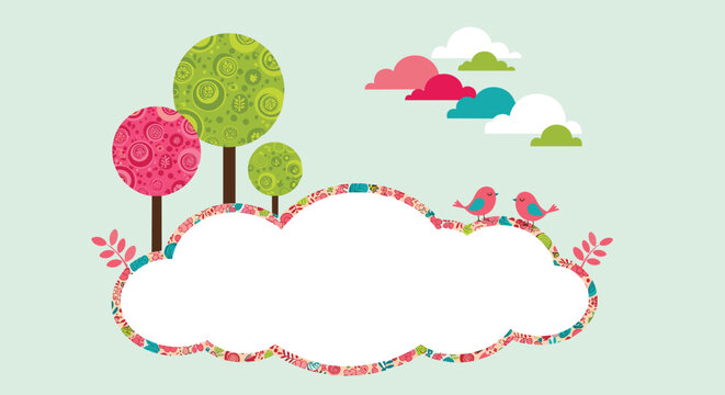 Whimsical landscape illustration with two small birds sitting on a patterned cloud near colorful stylized pink trees.
