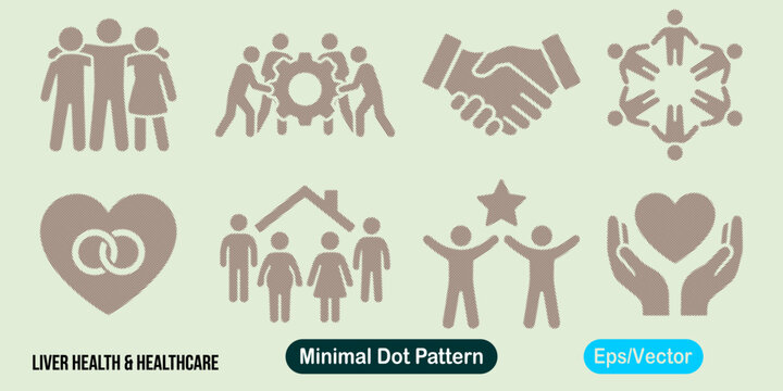 Set of community and social vector icons, people silhouettes, teamwork, family, partnership, handshake, heart and care symbols, minimal dot pattern design
