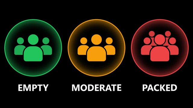 Animated occupancy level status icons pack featuring empty, moderate, and packed crowd density with glowing circles, transparent alpha channel.